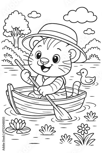 A happy tiger cub wears a hat and rows a boat in a serene pond with a duck.