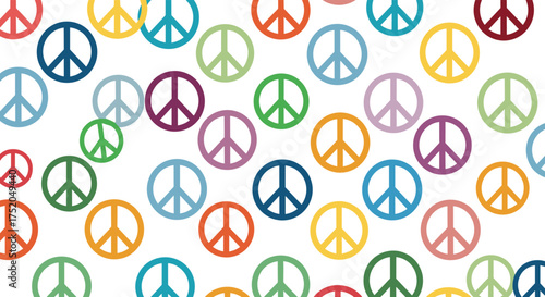 A vibrant collection of peace symbols in various bright colors.