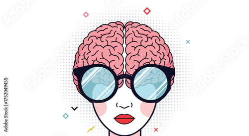 A stylized illustration of a person wearing oversized glasses with a brain visible inside them.