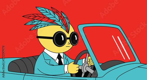 A quirky character with feathers in its hair wears sunglasses and a suit while driving a car.