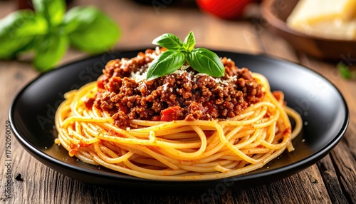 Delicious Spaghetti Bolognese Pasta Dish Served on a Black Plate.