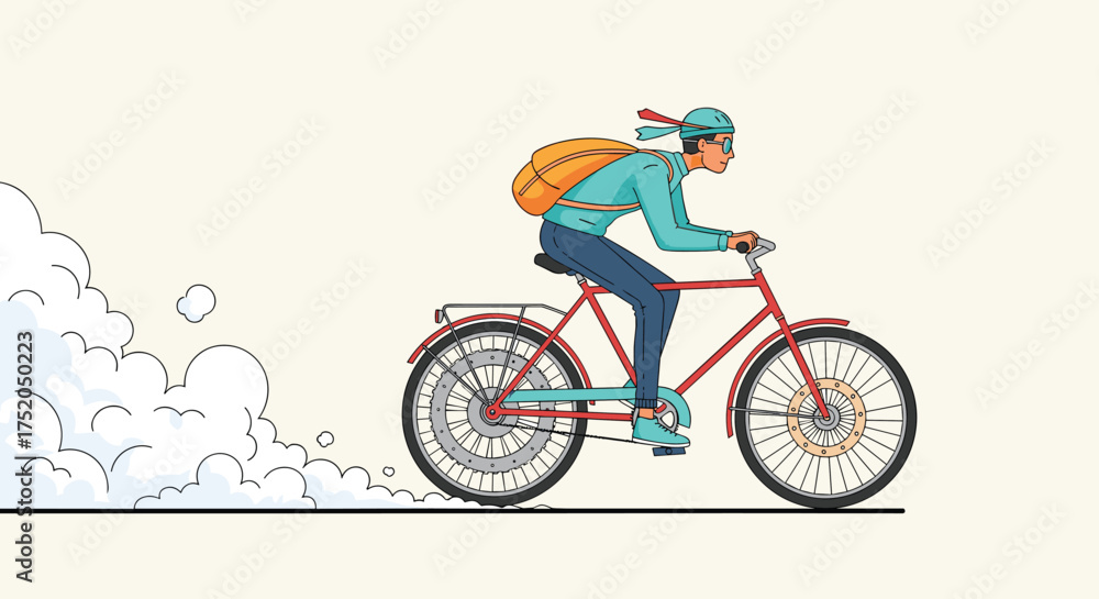 Fototapeta premium A person wearing a backpack rides a bicycle quickly down a path on a cloudy day.