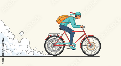 A person wearing a backpack rides a bicycle quickly down a path on a cloudy day.