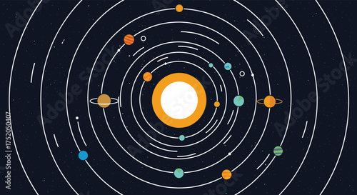 An artistic representation of our solar system showcasing the sun and planets in their orbits.