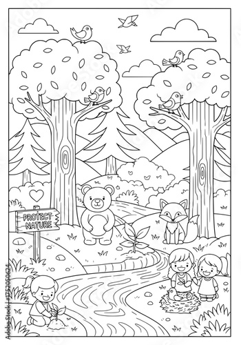 children are nature protection activists. coloring book