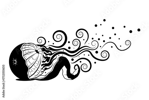 Captivating monochrome illustration of a segmented fruit morphing into an ethereal swirl of intricate organic lines and energetic dots