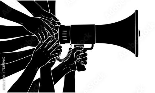 United Hands Amplifying Voice Collective Action and Public Message Through a Megaphone Graphic