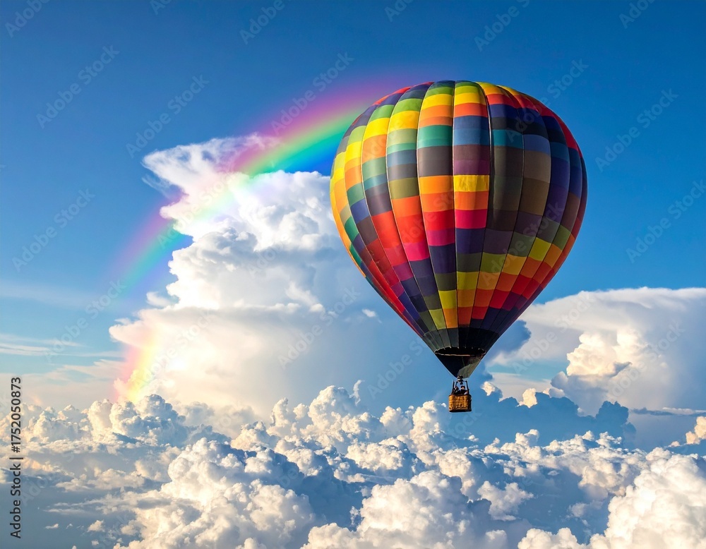 Fototapeta premium Colorful hot air balloon with multicolored vertical stripes floating in sky with rainbow and sunlit clouds for editorial travel photography scenic adventure and inspirational visuals