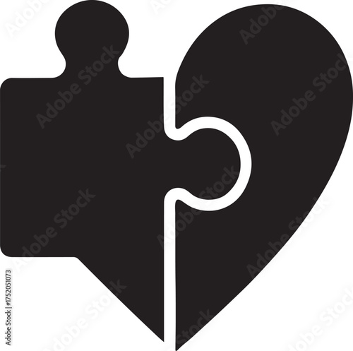 Puzzle piece and heart shape combined silhouette symbolizing hobby, passion, and creativity.
