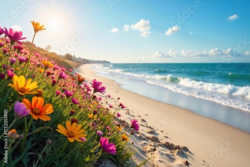 Vibrant Wildflowers Bloom on Sandy Beach in Spring Sunshine, Gentle Waves Create Tranquil Coastal Scene