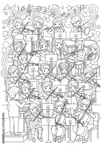 a symphony orchestra consisting of children. coloring book