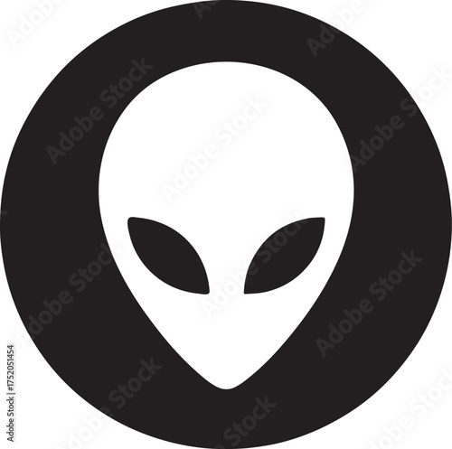 Alien face silhouette inside circle with minimal eye design symbolizing sci-fi and mystery.