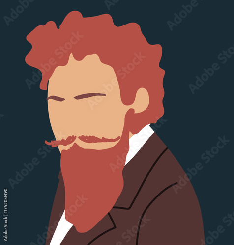 Abstract portrait of a red-haired man with a beard, mustache, and thick hair. Hand-drawn vector illustration.