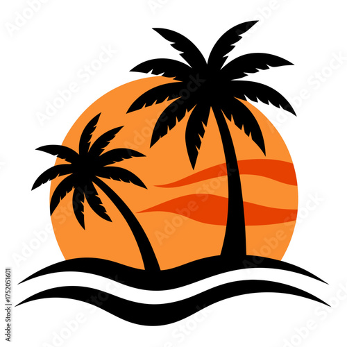 Palm trees and ocean waves in silhouette against an orange sunset vector