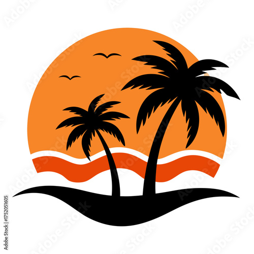 Palm trees and ocean waves in silhouette against an orange sunset vector