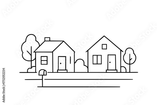 Minimal Suburban Houses Line Art Vector – Neighborhood Residential Illustration