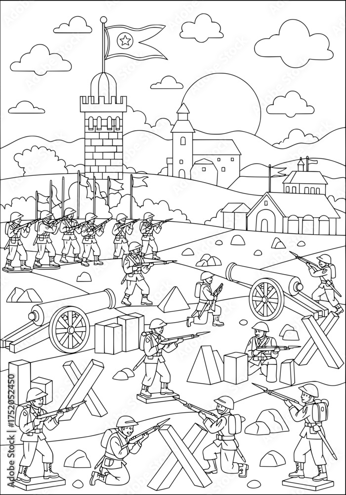 Fototapeta premium panorama of the battle of toy soldiers and guns. coloring book