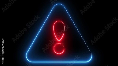 warning attention icon animation glowing light neon red and blue color  danger risk hazard alert road warning sign stop error signal emergency problem issue important sign symbol on black background	