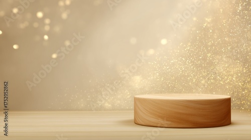 Minimal luxury christmas product stage featuring a natural wood podium, soft golden bokeh, and sparkle effect symbolizing organic elegance and festive spirit