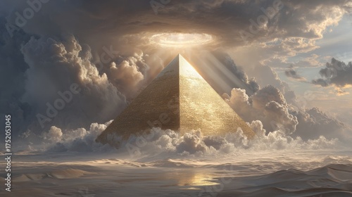 Massive golden pyramid emerges from the desert, topped by a bright ethereal light source breaking through dramatic clouds, symbolizing divine power, ancient alien contact, and supernatural energy