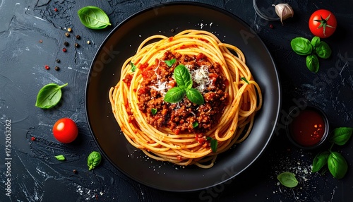 Delicious Spaghetti Bolognese Plate Top View Italian Food.