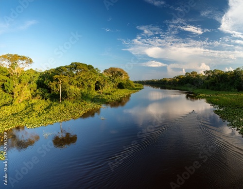 panorama of typical pantanal river scenery in afternoon light vegetation reflected on water pantanal wetlands mato grosso brazil