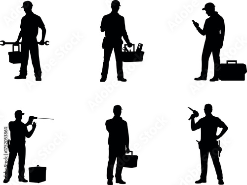 worker, builder, handyman, repairman, technician, engineer, mechanic, labor, construction, toolbox, drill, hammer, tools, occupation, silhouette, construction 