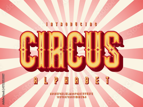 circus styled alphabet design with uppercase, numbers and symbols
