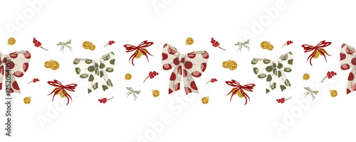 Christmas seamless horizontal border with polka dot bows, jingle bells, and holly berries. Hand drawn vector illustration