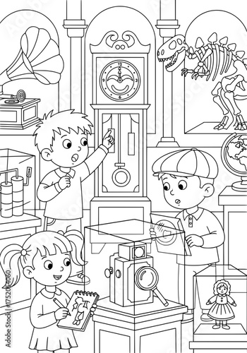 curious children in the museum. coloring book