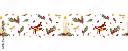 Christmas seamless horizontal border with lit candles, bows, jingle bells, and winter branches. Hand drawn  illustration
