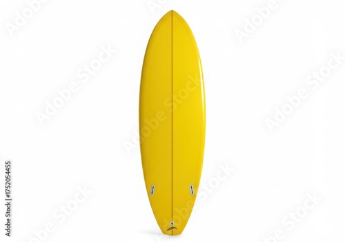 Bright yellow surfboard standing upright on a white background