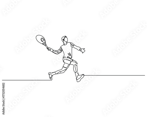 Minimalist line art of tennis player in action pose with racket. Dynamic sports illustration for fitness, motion, competition, or athletic lifestyle themes