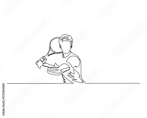 One line drawing of a male tennis player in action, preparing to hit a forehand shot. Minimalist sports illustration for fitness, competition, and athletic concept themes