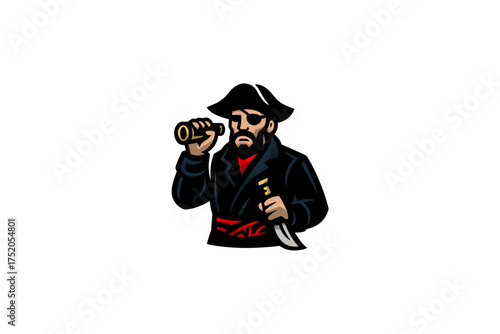 Fierce Pirate Mascot with Eye Patch Holding Knife and Binoculars