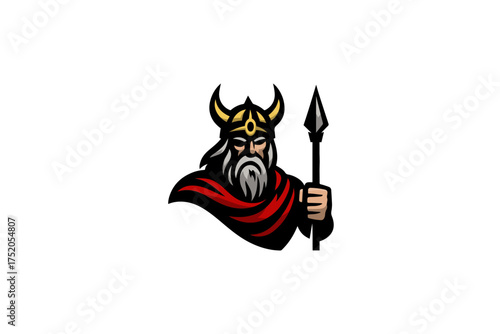 Viking Warrior Mascot with Horned Helmet and Spear Vector Logo