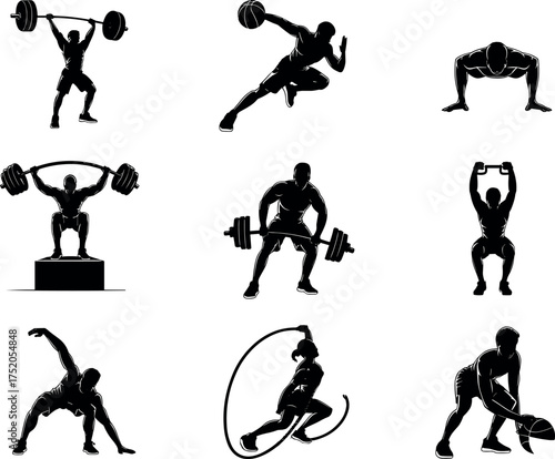 fitness, workout, training, exercise, gym, sport, athlete, strength, health, bodybuilding, cardio, silhouette, vector, weightlifting, activity, fitness workout, gym 
