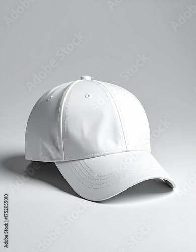 Plain White Baseball Cap Isolated on a Light Gray Studio Background.