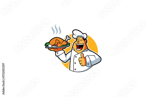 Happy Cartoon Chef Holding Roasted Chicken Platter and Giving Thumbs Up