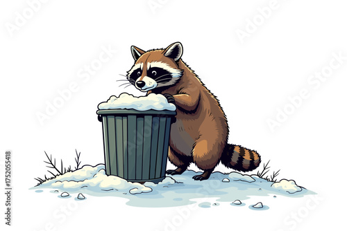 Raccoon feeling curious while searching in a trash bin covered with snow