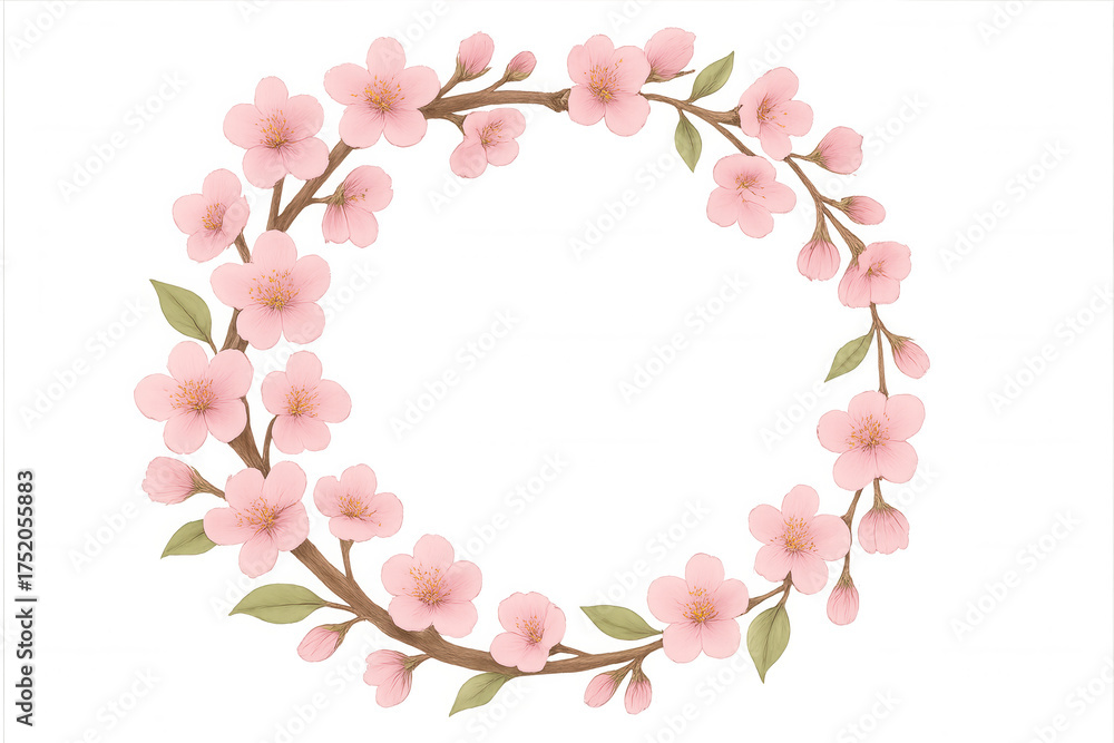 Fototapeta premium Pink cherry blossom sakura wreath border, watercolor floral frame with spring blooming flowers