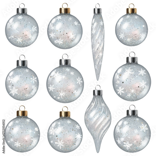 A flat lay of nine transparent glass Christmas ornaments with snowflake designs and two icicle-shaped decorations on a plain white background, showcasing a festive and wintry scene with a