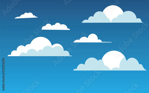 Puffy white cartoon clouds float across a vibrant blue gradient sky. Minimalist vector background ideal for weather graphics, web design, mobile apps, or clean corporate and educational presentations.
