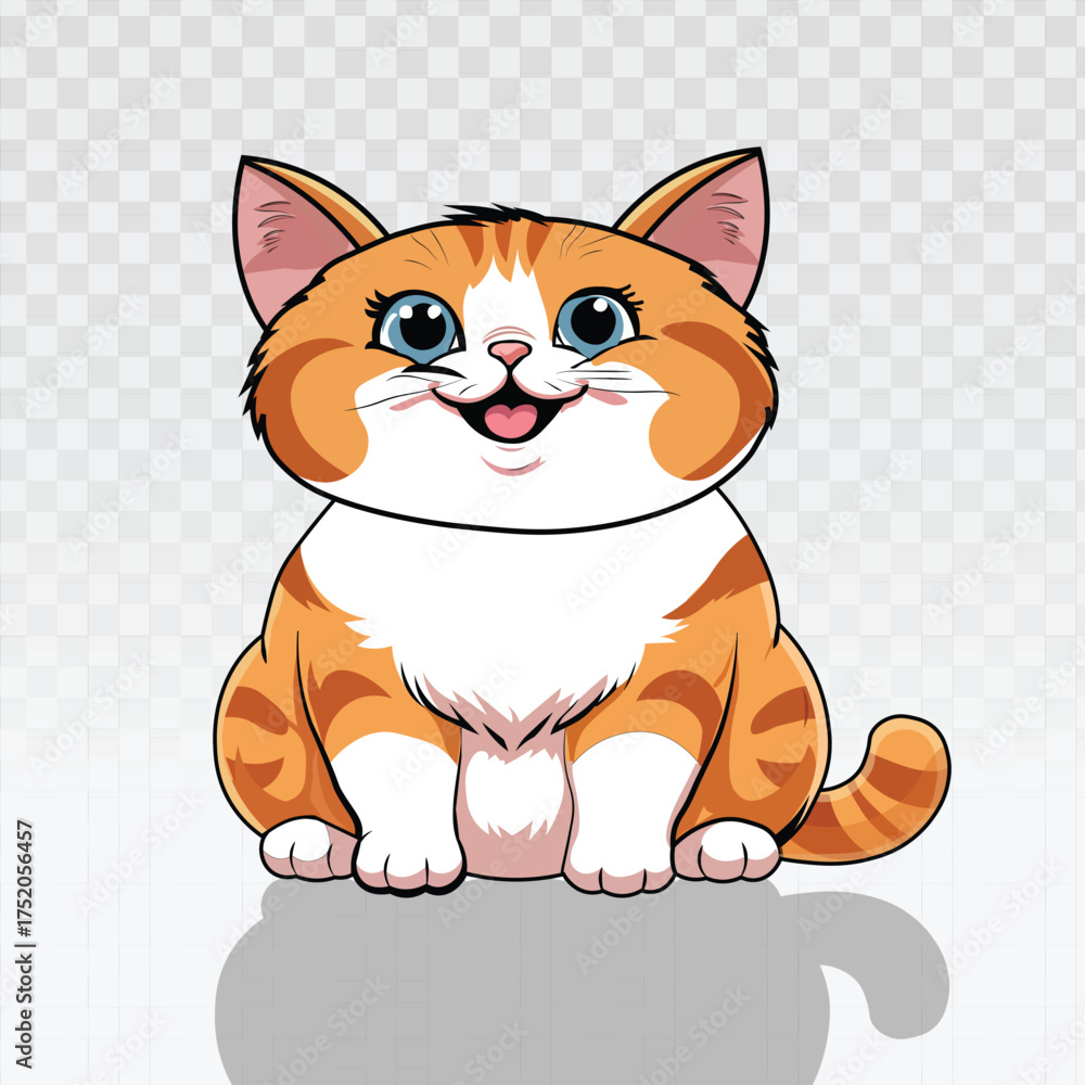 Obraz premium Chubby, happy ginger kitten cartoon with big blue eyes and bright stripes. Cute pet vector perfect for children's books, animal-themed projects, gaming mascots, or playful educational designs.