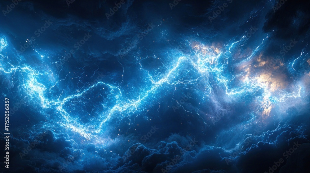 Fototapeta premium Electric storm Blue lightning bolt cracks across a cloudy, dark sky
