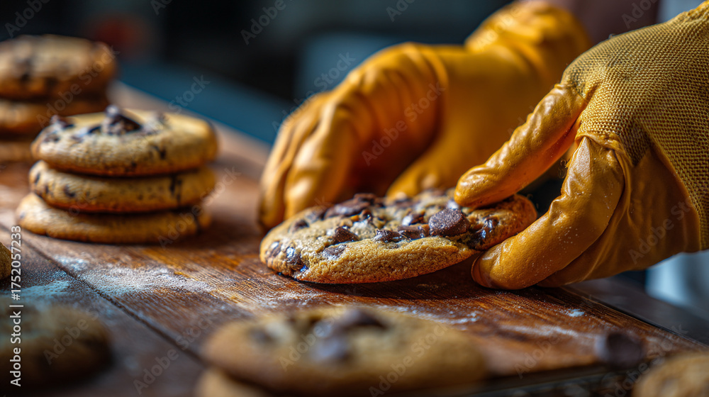 Fototapeta premium Hands in yellow gloves arranging chocolate chip cookies on wood board