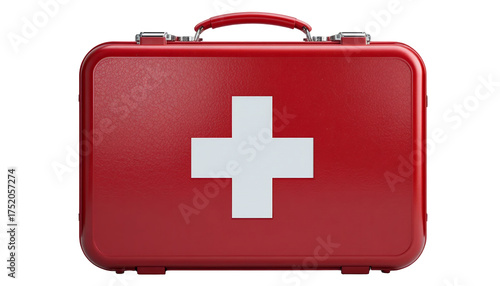 red first aid kit with white medical cross symbol isolated on black background for emergency
