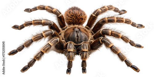 Detailed macro shot of a colorful tarantula with eight legs extended on a plain backdrop
