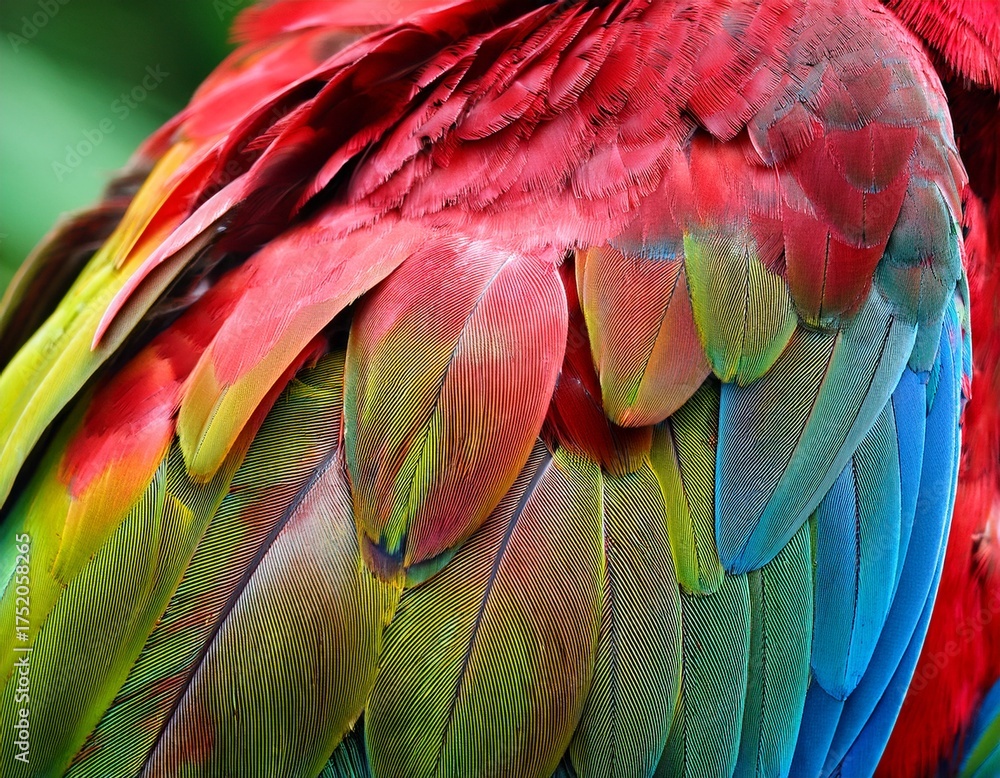 Obraz premium close up of colorful bird feathers of red and green macaw exotic natural textured background in green and blue chapada dos guimaraes mato grosso brazil
