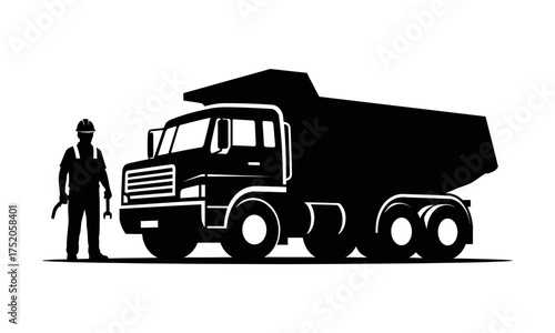 Industrial Builder and Heavy-Duty Dump Truck Silhouette Essential Construction Site Worker and Machinery Icon